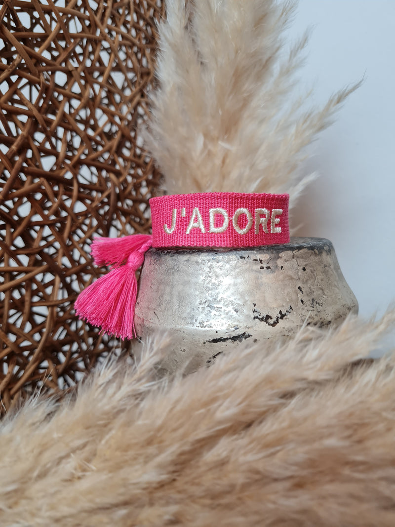 GEWEBTES STOFFARMBAND *J'ADORE* PINK/WHITE