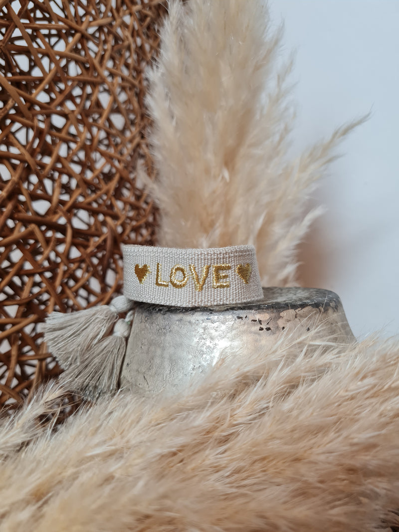 GEWEBTES STOFFARMBAND *LOVE* GREY/GOLD