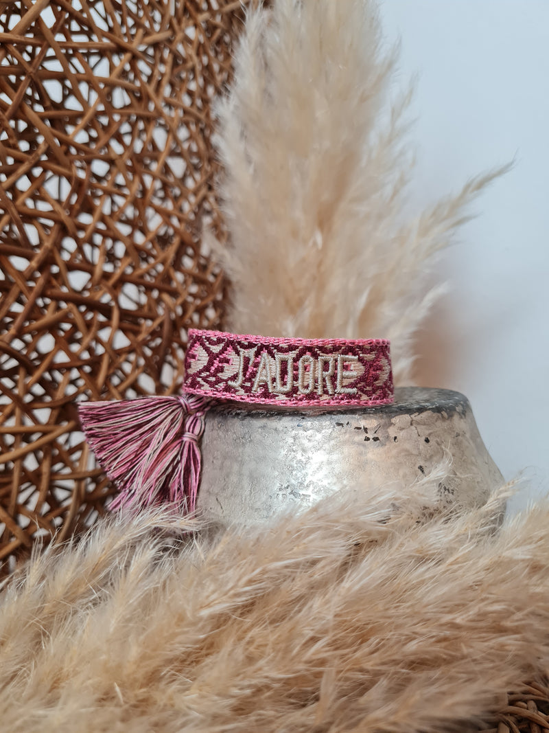 GEWEBTES STOFFARMBAND *J'ADORE* CAMO PINK